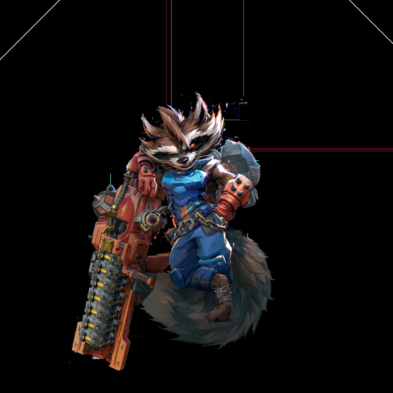 Rocket Racoon holding a weapon he made.
