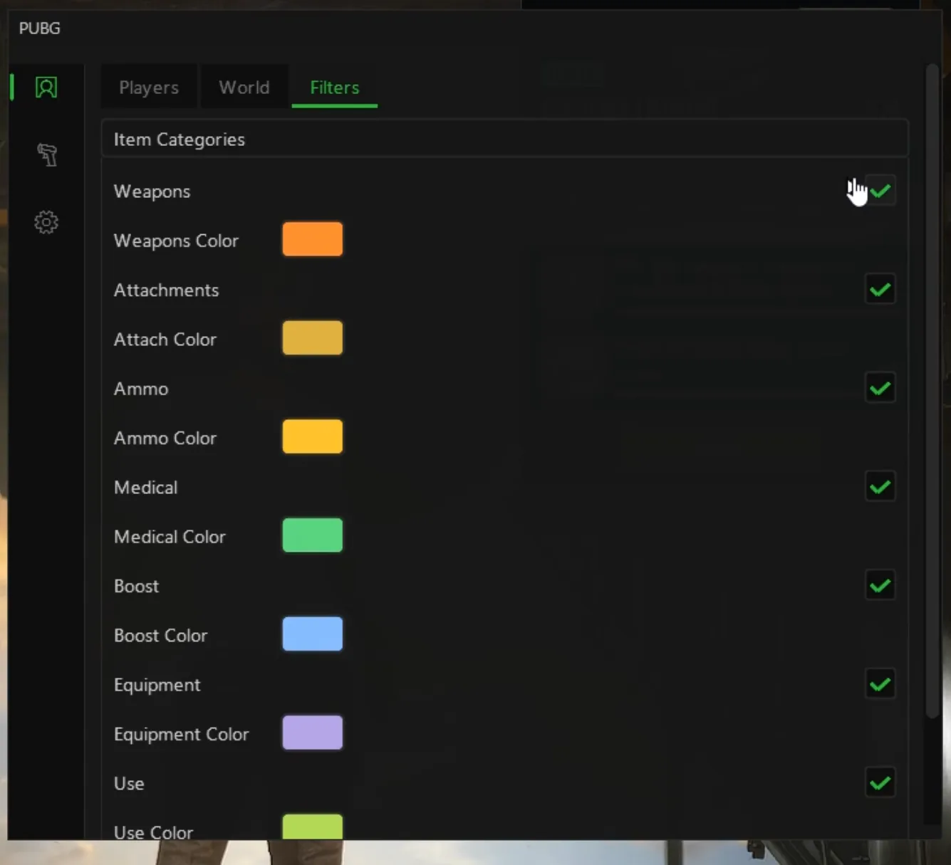 PUBG cheat — Item filters