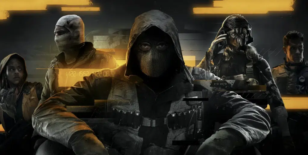 The image showcases a group of masked operatives from the Black Ops series in the Call of Duty universe. The central figure, dressed in tactical gear and a hood, has a mesh mask covering their face, evoking a sense of mystery and danger. Surrounding them are four additional characters, each wearing unique gear and equipment. 