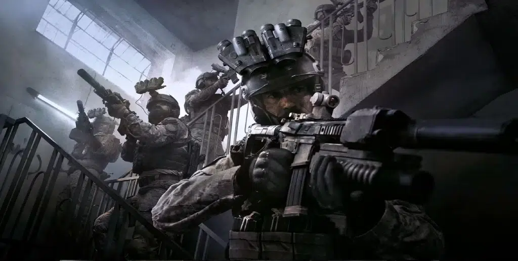 The image features a group of heavily armed soldiers in tactical gear, navigating a stairwell in a high-stakes mission from the Call of Duty universe. The lead soldier, equipped with night-vision goggles and an assault rifle, takes point while others follow, aiming their weapons as they advance.