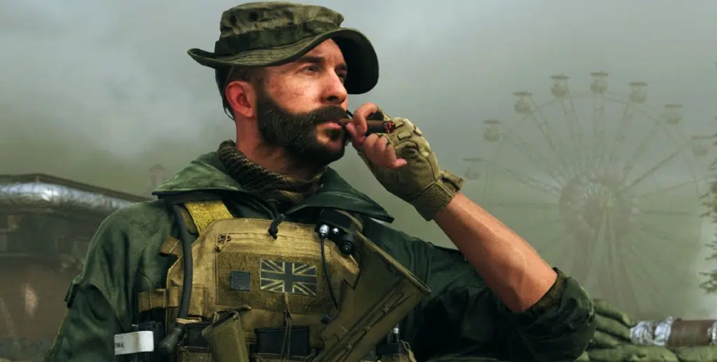 The image features Captain Price, an iconic character from the Call of Duty universe, standing confidently while smoking a cigar. Dressed in his signature military gear, including a tactical vest with a British flag patch, he exudes calm and authority. Behind him, a ferris wheel and a desolate, foggy environment suggest a war-torn setting.