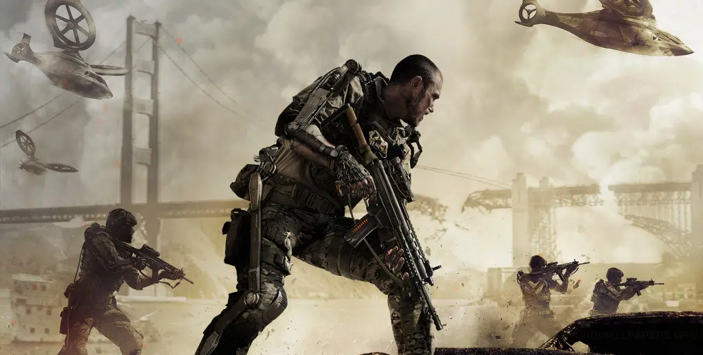 The image shows a futuristic battlefield scene featuring soldiers in advanced combat gear. The backdrop includes a war-torn cityscape, creating a chaotic and intense atmosphere typical of Call of Duty's futuristic universe.