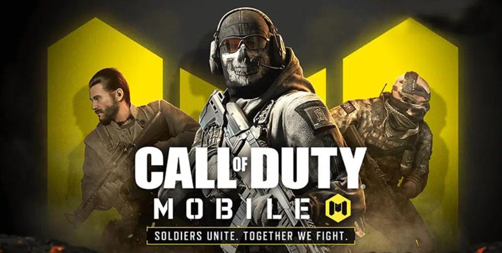 The image showcases a promotional poster for Call of Duty Mobile, featuring three soldiers from different eras of the Call of Duty universe. The central figure wears tactical gear and a skull mask, while the other two characters are equipped with modern combat attire. The tagline, "Soldiers Unite. Together We Fight," is prominently displayed beneath the Call of Duty Mobile logo, emphasizing the game's team-based action.