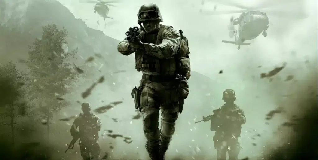 The image features a soldier in modern combat gear running toward the viewer while aiming an assault rifle. Two additional soldiers flank him, and helicopters are visible in the sky above, creating a sense of urgency and action. The overall tone is dark and intense, reflecting the modern warfare setting of the Call of Duty universe.